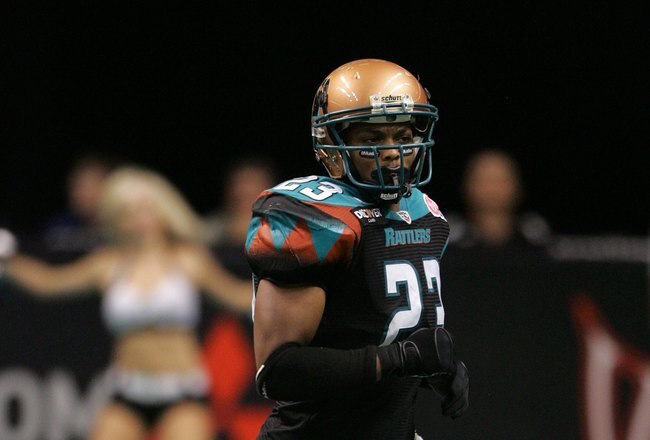 PHOENIX - JUNE 30:  Wide receiver Trandon Harvey #23 at the line of scrimmage during a game against the Grand Rapids Rampage at the US Airways Center in Phoenix, Arizona on June 30, 2008.  (Photo by Gene Lower/Getty Images)