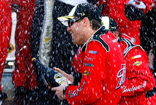 MARTINSVILLE, VA - APRIL 03:  Kevin Harvick, driver of the #29 Budweiser Chevrolet, celebrates in Victory Lane after winning the NASCAR Sprint Cup Series Goody's Fast Relief 500 at Martinsville Speedway on April 3, 2011 in Martinsville, Virginia.  (Photo by Jason Smith/Getty Images)