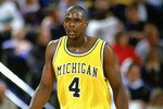 ANN ARBOR, MI - FEBRUARY 20:  University of Michigan star forward Chris Webber strolls upcourt during a game against the University of Minnesota Golden Gophers on February 20, 1993 in Ann Arbor, Michigan. Chris Webber was part of the top recruiting class known as the Fab Five and led Michigan to the NCAA championship game in each of his two years at the college. (Photo by Duane Burleson/Getty Images)