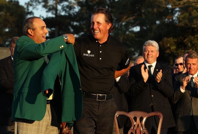 AUGUSTA, GA - APRIL 11:  Phil Mickelson and Angel Cabrera during the final round of the 2010 Masters Tournament at Augusta National Golf Club on April 11, 2010 in Augusta, Georgia.  (Photo by Streeter Lecka/Getty Images for Golf Week)