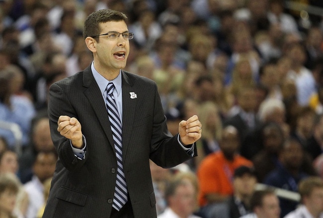 HOUSTON, TX - APRIL 02:  Head coach Brad Stevens of the Butler Bulldogs reacts from the sidelines while taking on the Virginia Commonwealth Rams during the National Semifinal game of the 2011 NCAA Division I Men's Basketball Championship at Reliant Stadium on April 2, 2011 in Houston, Texas.  (Photo by Ronald Martinez/Getty Images)