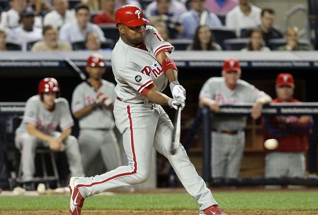 NEW YORK - JUNE 17:  Ben Francisco #10 of the Philadelphia Phillies bats against the New York Yankees on June 17, 2010 at Yankee Stadium in the Bronx borough of New York City. The Phillies defeated the Yankees 7-1.  (Photo by Jim McIsaac/Getty Images)