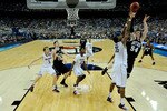 HOUSTON, TX - APRIL 04:  Matt Howard #54 of the Butler Bulldogs shoots the ball over Charles Okwandu #35 of the Connecticut Huskies during the National Championship Game of the 2011 NCAA Division I Men's Basketball Tournament at Reliant Stadium on April 4, 2011 in Houston, Texas.  (Photo by Chris Steppig-Pool/Getty Images)