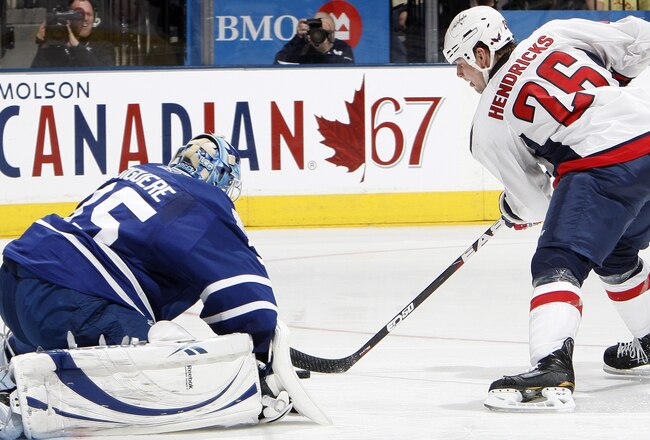 TORONTO, CANADA - JANUARY 22: Jean-Sebastien Giguere #35 of the Toronto Maple Leafs gets scored on by Matt Hendricks #26 of the Washington Capitals during game action at the Air Canada Centre January 22, 2011 in Toronto, Ontario, Canada. (Photo by Abelimages/Getty Images)