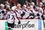 GLENDALE, AZ - APRIL 01:  Ryan O'Reilly #37 of the Colorado Avalanche celebrates with teammates on the bench after scoring a shoot out goal against the Phoenix Coyotes during the NHL game at Jobing.com Arena on April 1, 2011 in Glendale, Arizona. The Avalanche defeated the Coyotes 4-3 in an overtime shoot out.  (Photo by Christian Petersen/Getty Images)