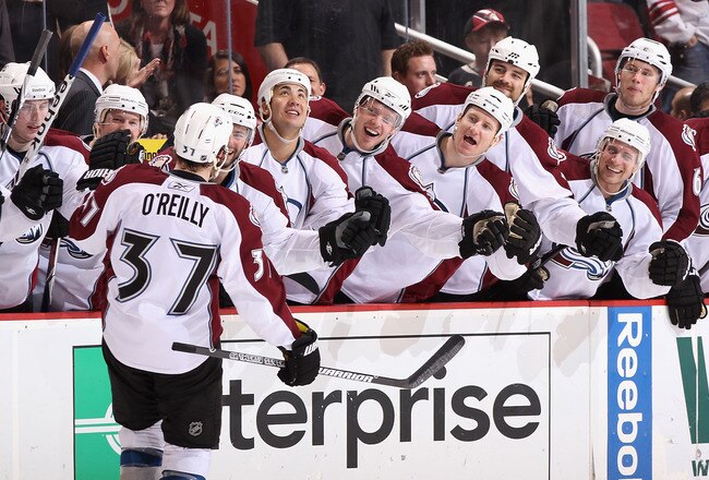 GLENDALE, AZ - APRIL 01:  Ryan O'Reilly #37 of the Colorado Avalanche celebrates with teammates on the bench after scoring a shoot out goal against the Phoenix Coyotes during the NHL game at Jobing.com Arena on April 1, 2011 in Glendale, Arizona. The Avalanche defeated the Coyotes 4-3 in an overtime shoot out.  (Photo by Christian Petersen/Getty Images)