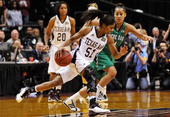 INDIANAPOLIS, IN - APRIL 5:  Sydney Colson #51 of the Texas A&M Aggies moves the ball upcourt as Skylar Diggins #4 of the Notre Dame Fighting Irish defends in the second half of the 2011 NCAA Women's Final Four championship game at Conseco Fieldhouse on April 5, 2011 in Indianapolis, Indiana. Texas A&M defeated Notre Dame 76-70.   (Photo by Jamie Sabau/Getty Images)