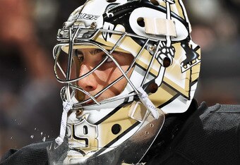 PITTSBURGH - NOVEMBER 19:  Goaltender Marc-Andre Fleury #29 of the Pittsburgh Penguins takes a breather against the Carolina Hurricanes on November 19, 2010 at Consol Energy Center in Pittsburgh, Pennsylvania.  (Photo by Jamie Sabau/Getty Images)