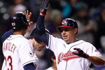 CLEVELAND - APRIL 06:  Asdrubal Cabrera #13 of the Cleveland Indians celebrates with his teammates after hitting a three run home run against he Boston Red Sox during the game on April 6, 2011 at Progressive Field in Cleveland, Ohio.  (Photo by Jared Wickerham/Getty Images)