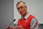 COLUMBUS, OH - MARCH 30:  Head Coach Jim Tressel speaks to the media during a press conference before the start of Spring practices at the Woody Hayes Athletic Center at The Ohio State University on March 30, 2011 in Columbus, Ohio. (Photo by Jamie Sabau/Getty Images)