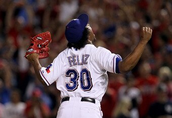 ARLINGTON, TX - OCTOBER 22:  Neftali Feliz #30 of the Texas Rangers celebrates after defeating the New York Yankees  6-1 in Game Six of the ALCS during the 2010 MLB Playoffs at Rangers Ballpark in Arlington on October 22, 2010 in Arlington, Texas.  (Photo by Stephen Dunn/Getty Images)
