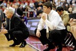 LAS VEGAS, NV - MARCH 10:  Head coach Dave Rose (L) and associate head coach Dave Rice of the Brigham Young University Cougars look on during the team's 64-58 victory over the Texas Christian University Horned Frogs in a quarterfinal game of the Conoco Mountain West Conference Basketball tournament at the Thomas & Mack Center March 10, 2011 in Las Vegas, Nevada.  (Photo by Ethan Miller/Getty Images)