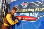 FORT WORTH, TX - APRIL 08:  David Ragan, driver of the #6 UPS Freight Ford, signs the pole board in victory lane after setting the pole position for the NASCAR Sprint Cup Series Samsung Mobile 500 at Texas Motor Speedway on April 8, 2011 in Fort Worth, Texas.  (Photo by Jason Smith/Getty Images for NASCAR)
