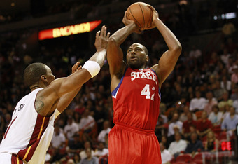 MIAMI, FL - MARCH 25: Guard Elton Brand #42 of the Philadelphia Sixers shoots against the Miami Heat at American Airlines Arena on March 25, 2011 in Miami, Florida. The Heat defeated the Sixers 111-99. NOTE TO USER: User expressly acknowledges and agrees that, by downloading and/or using this Photograph, User is consenting to the terms and conditions of the Getty Images License Agreement.  (Photo by Marc Serota/Getty Images)