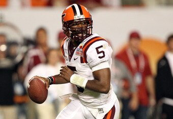 MIAMI, FL - JANUARY 03:  Tyrod Taylor #5 of the Virginia Tech Hokies looks to pass against the Stanford Cardinal during the 2011 Discover Orange Bowl at Sun Life Stadium on January 3, 2011 in Miami, Florida. Stanford won 40-12.  (Photo by Streeter Lecka/Getty Images)