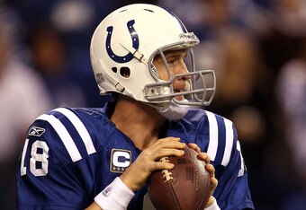 INDIANAPOLIS, IN - JANUARY 08:  Quarterback Peyton Manning #18 of the Indianapolis Colts looks to pass against the New York Jets during their 2011 AFC wild card playoff game at Lucas Oil Stadium on January 8, 2011 in Indianapolis, Indiana. The Jets won 17-16.  (Photo by Jonathan Daniel/Getty Images)