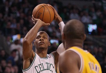 BOSTON, MA - FEBRUARY 10:  Ray Allen #20 of the Boston Celtics breaks the all time 3-point shot record with this three pointer as Kobe Bryant #24 of the Los Angeles Lakers defends on February 10, 2011 at the TD Garden in Boston, Massachusetts.  NOTE TO USER: User expressly acknowledges and agrees that, by downloading and/or using this Photograph, User is consenting to the terms and conditions of the Getty Images License Agreement.  (Photo by Elsa/Getty Images)
