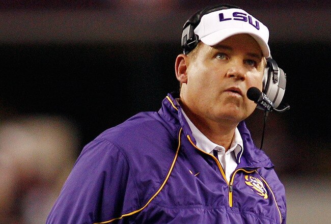 ARLINGTON, TX - JANUARY 07:  Head coach Les Miles of the Louisiana State University Tigers watches the score board during a timeout against the Texas A&M Aggies during the AT&T Cotton Bowl at Cowboys Stadium on January 7, 2011 in Arlington, Texas.  (Photo by Chris Graythen/Getty Images)