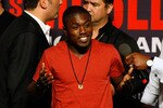 LAS VEGAS - APRIL 30:  Boxer Andre Berto reacts to the crowd from the stage before the start of the Floyd Mayweather Jr. and Shane Mosley weigh-in at the MGM Grand Garden Arena on April 30, 2010 in Las Vegas, Nevada. Mayweather and Mosley will meet in a 12-round welterweight bout on May 1, 2010 in Las Vegas.  (Photo by Ethan Miller/Getty Images)