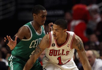CHICAGO, IL - APRIL 07: Derrick Rose #1 of the Chicago Bulls moves against Rajon Rondo #9 of the Boston Celtics at United Center on April 7, 2011 in Chicago, Illinois. The Bulls defeated the Celtics 97-81. NOTE TO USER: User expressly acknowledges and agress that, by downloading and/or using this photograph, User is consenting to the terms and conditions of the Getty Images License Agreement.  (Photo by Jonathan Daniel/Getty Images)