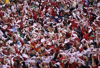 PHILADELPHIA - OCTOBER 17:  Fans cheer for the Phillies as they take on the San Francisco Giants in Game Two of the NLCS during the 2010 MLB Playoffs at Citizens Bank Park on October 17, 2010 in Philadelphia, Pennsylvania.  (Photo by Chris McGrath/Getty Images)