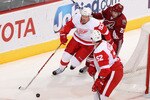 GLENDALE, AZ - MARCH 05:  Johan Franzen #93 of the Detroit Red Wings skates with the puck past Lee Stempniak #22 of the Phoenix Coyotes during the second period of the NHL game at Jobing.com Arena on March 5, 2011 in Glendale, Arizona.  (Photo by Christian Petersen/Getty Images)