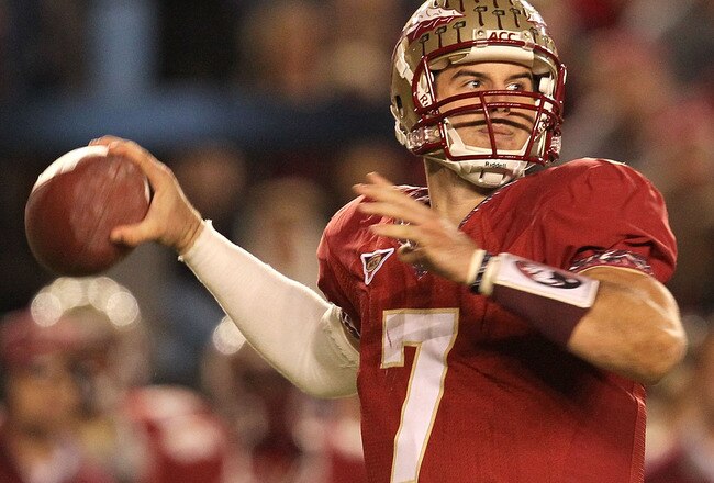 TALLAHASSEE, FL - NOVEMBER 27:  Christian Ponder #7 of the Florida State Seminoles throws for a first down during a game against the Florida Gators at Doak Campbell Stadium on November 27, 2010 in Tallahassee, Florida.  (Photo by Mike Ehrmann/Getty Images)