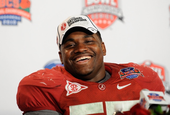 PASADENA, CA - JANUARY 07:  Defensive lineman Marcell Dareus #57 of the Alabama Crimson Tide speaks during a press conference after winning the Citi BCS National Championship game over the Texas Longhorns at the Rose Bowl on January 7, 2010 in Pasadena, California. The Crimson Tide defeated the Longhorns 37-21.  (Photo by Kevork Djansezian/Getty Images)