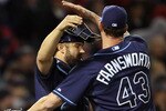 BOSTON, MA - APRIL 12:  Kelly Shoppach #10 of the Tampa Bay Rays celebrates the win the teammate Kyle Farnsworth #43 on April 12, 2011 at Fenway Park in Boston, Massachusetts. The Tampa Bay Rays defeated the Boston Red Sox 3-2.  (Photo by Elsa/Getty Images)