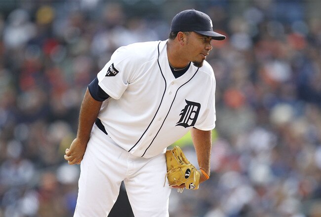 DETROIT, MI - APRIL 08:  Joaquin Benoit #53 of the Detroit Tigers prepars to throw a eighth inning pitch while playing the Kansas City Royals on Opening Day at Comerica Park on April 8, 2011 in Detroit, Michigan. Detroit won the game 5-2.  (Photo by Gregory Shamus/Getty Images)