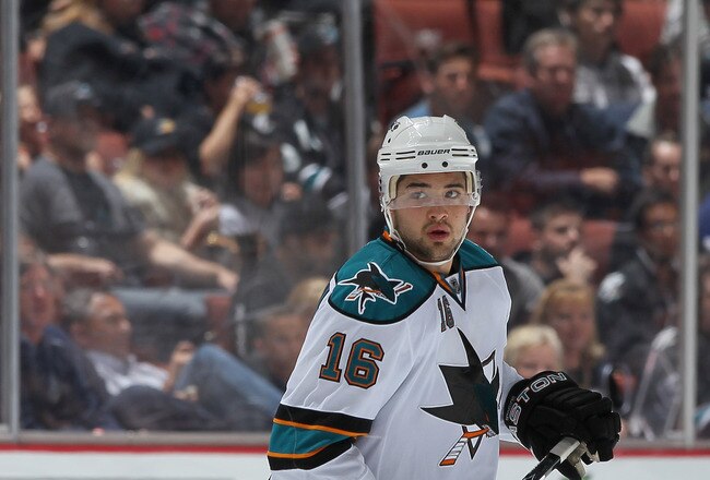 ANAHEIM, CA - APRIL 06:  Devin Setoguchi #16 of the San Jose Sharks skates against the Anaheim Ducks at Honda Center on April 6, 2011 in Anaheim, California.  (Photo by Jeff Gross/Getty Images)