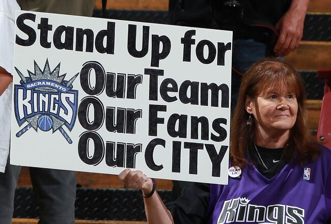 SACRAMENTO, CA - APRIL 13:  A fan of the Sacramento Kings hold up a sign against the Los Angeles Lakers on April 13, 2011 at Power Balence Pavilion in Sacramento, California.  NOTE TO USER: User expressly acknowledges and agrees that, by downloading and/or using this Photograph, user is consenting to the terms and conditions of the Getty Images License Agreement (Photo by Jed Jacobsohn/Getty Images)