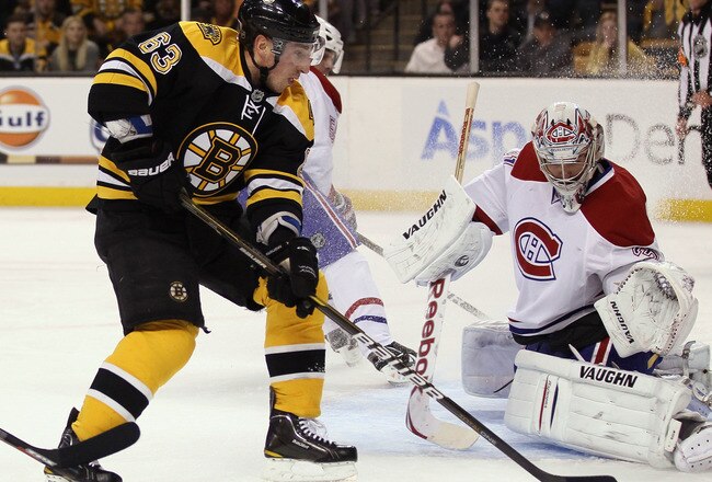 BOSTON, MA - APRIL 14:  Brad Marchand #63 of the Boston Bruins cannot get the puck past Carey Price #31 of the Montreal Canadiens  in Game One of the Eastern Conference Quarterfinals during the 2011 NHL Stanley Cup Playoffs at TD Garden on April 14, 2011 in Boston, Massachusetts.  (Photo by Elsa/Getty Images)