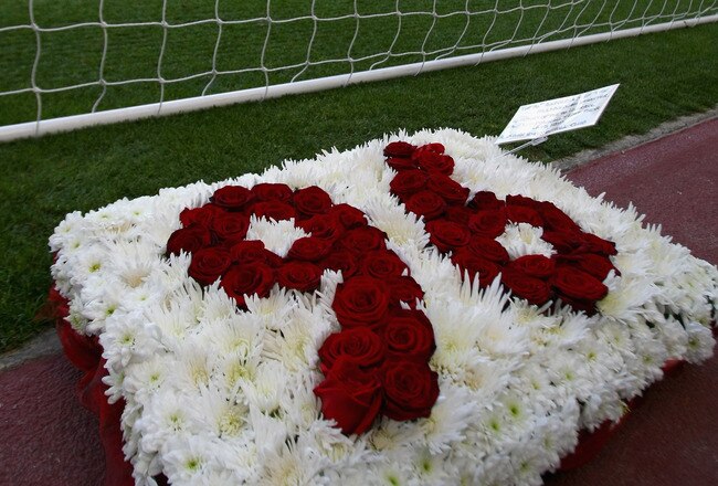 LIVERPOOL, ENGLAND - APRIL 11: A wreath sits behind the kop end goal to remember the victims of the Hillsborough disaster during the Barclays Premier League match between Liverpool and Blackburn at Anfield on April 11, 2009 in Liverpool, England. On April 15 it will be the 20th anniversary of the Hillsborough disaster, the bells of Liverpools two cathedrals will ring 96 times in memory of the 96 fans who lost their lives. At 3:06pm, exactly 20 years since the match was abandoned Liverpools public transport will stop for 2 minutes. There will also be a memorial service on the Kop where 96 candles will be lit and a representative from each family will be awarded the freedom of the city.   (Photo by Clive Rose/Getty Images)
