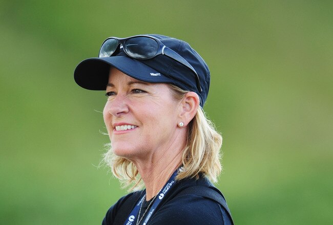 TURNBERRY, SCOTLAND - JULY 14:  Tennis Legend Chris Evert watches Greg Norman of Australia during a practice round prior to the 138th Open Championship on the Ailsa Course, Turnberry Golf Club on July 14, 2009 in Turnberry, Scotland.  (Photo by Stuart Franklin/Getty Images)