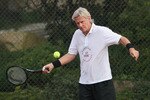SHANGHAI, CHINA - NOVEMBER 05:  Bjorn Borg of Sweden plays tennis to promote the HSBC Sporting Exchanges program prior to the start of the HSBC Champions at the Sheshan Golf Club on November 05, 2008 in Shanghai, China.  (Photo by Ross Kinnaird/Getty Images)