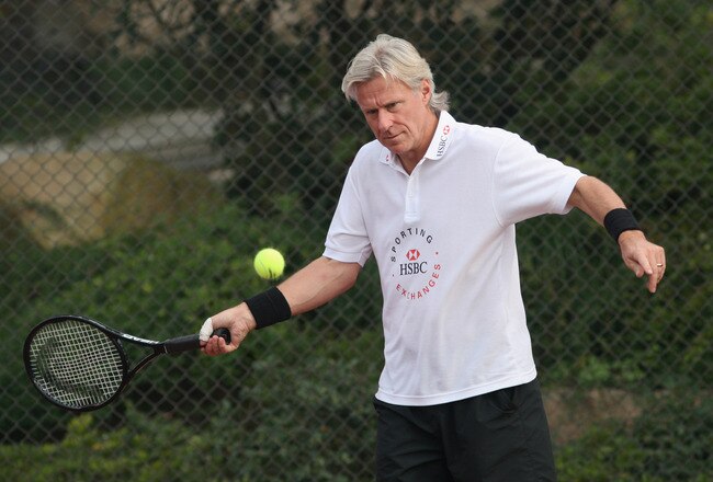 SHANGHAI, CHINA - NOVEMBER 05:  Bjorn Borg of Sweden plays tennis to promote the HSBC Sporting Exchanges program prior to the start of the HSBC Champions at the Sheshan Golf Club on November 05, 2008 in Shanghai, China.  (Photo by Ross Kinnaird/Getty Images)