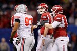 NEW ORLEANS, LA - JANUARY 04:  Ryan Mallett #15 of the Arkansas Razorbacks exchanges words with Cameron Heyward #97 of the Ohio State Buckeyes in the second quarter during the Allstate Sugar Bowl at the Louisiana Superdome on January 4, 2011 in New Orleans, Louisiana.  (Photo by Kevin C. Cox/Getty Images)