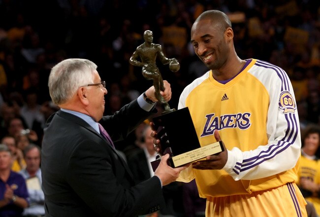 LOS ANGELES, CA - MAY 07:  NBA Commissioner David Stern presents Kobe Bryant #24 of the Los Angeles Lakers the MVP Trophy before the start of Game Two of the Western Conference Semifinals against the Utah Jazz during the 2008 NBA Playoffs on May 7, 2008 at Staples Center in Los Angeles, California.  NOTE TO USER: User expressly acknowledges and agrees that, by downloading and/or using this Photograph, user is consenting to the terms and conditions of the Getty Images License Agreement.  (Photo by Stephen Dunn/Getty Images)*** Local Caption *** Kobe Bryant;David Stern