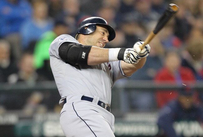SEATTLE, WA - APRIL 08:  Travis Hafner #48 of the Cleveland Indians singles against the Seattle Mariners during the Mariners' home opener at Safeco Field on April 8, 2011 in Seattle, Washington. (Photo by Otto Greule Jr/Getty Images)