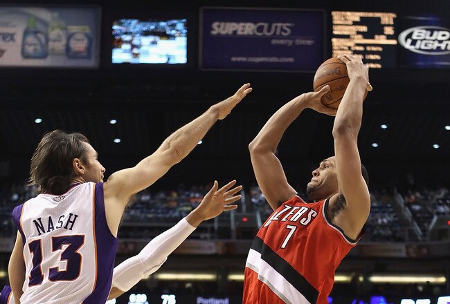 PHOENIX - DECEMBER 10:  Brandon Roy #7 of the Portland Trail Blazers puts up a shot over Steve Nash #13 of the Phoenix Suns during the NBA game at US Airways Center on December 10, 2010 in Phoenix, Arizona. The Trail Blazers defeated the Suns 101-94.  NOTE TO USER: User expressly acknowledges and agrees that, by downloading and or using this photograph, User is consenting to the terms and conditions of the Getty Images License Agreement.  (Photo by Christian Petersen/Getty Images)