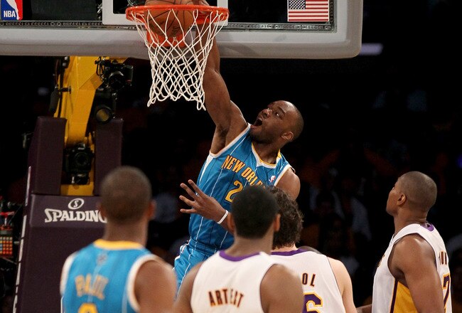 LOS ANGELES, CA - APRIL 17:  Carl Landry #24 of the New Orleans Hornets dunks against the Los Angeles Lakers in Game One of the Western Conference Quarterfinals in the 2011 NBA Playoffs on April 17, 2011 at Staples Center in Los Angeles, California. NOTE TO USER: User expressly acknowledges and agrees that, by downloading and or using this photograph, User is consenting to the terms and conditions of the Getty Images License Agreement. (Photo by Stephen Dunn/Getty Images)
