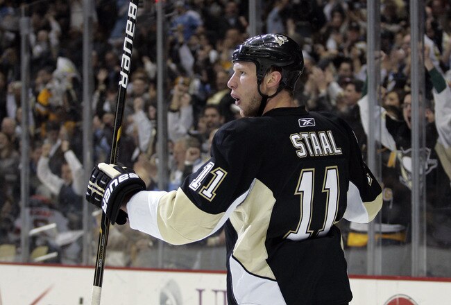 PITTSBURGH, PA - APRIL 05:  Jordan Staal #11 of the Pittsburgh Penguins celebrates his first period power play goal against the New Jersey Devils at Consol Energy Center on April 5, 2011 in Pittsburgh, Pennsylvania.  (Photo by Justin K. Aller/Getty Images)