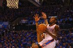 OKLAHOMA CITY, OK - APRIL 17: Kevin Durant #35 of the Oklahoma City Thunder looks to score against Kenyon Martin #4 of the Denver Nuggets in Game One of the Western Conference Quarterfinals in the 2011 NBA Playoffs on April 17, 2011 at the Ford Center in Oklahoma City, Oklahoma. NOTE TO USER: User expressly acknowledges and agrees that, by downloading and or using this photograph, User is consenting to the terms and conditions of the Getty Images License Agreement. (Photo by Dilip Vishwanat/Getty Images)