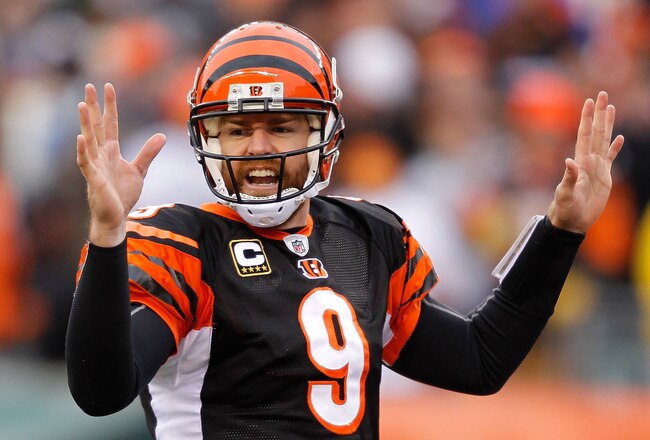 CINCINNATI, OH - DECEMBER 19:  Quarterback Carson Palmer #9 of the Cincinnati Bengals calls a play at the line of scrimage while playing the Cleveland Browns at Paul Brown Stadium on December 19, 2010 in Cincinnati, Ohio.  (Photo by Matthew Stockman/Getty Images)
