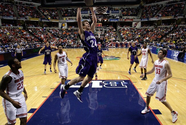 INDIANAPOLIS, IN - MARCH 11:  John Shurna #24 of the Northwestern Wildcats dunks against the Ohio State Buckeyes during the quarterfinals of the 2011 Big Ten Men's Basketball Tournament at Conseco Fieldhouse on March 11, 2011 in Indianapolis, Indiana. Ohio State won 67-61 in overtime. (Photo by Andy Lyons/Getty Images)