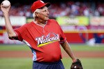 ST LOUIS, MO - JULY 12:  Bob Knight warms up during the Taco Bell All-Star Legends & Celebrity Softball Game at Busch Stadium on July 12, 2009 in St. Louis, Missouri.  (Photo by Dilip Vishwanat/Getty Images)