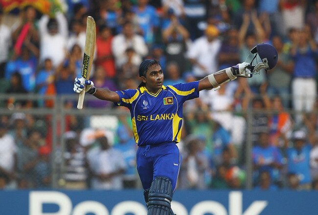 MUMBAI, INDIA - APRIL 02:  Mahela Jayawardene of Sri Lanka celebrates his century during the 2011 ICC World Cup Final between India and Sri Lanka at the Wankhede Stadium on April 2, 2011 in Mumbai, India.  (Photo by Matthew Lewis/Getty Images)