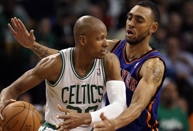 BOSTON, MA - APRIL 19:  Ray Allen #20 of the Boston Celtics tries to get around Jared Jeffries #9 of the New York Knicks in Game Two of the Eastern Conference Quarterfinals in the 2011 NBA Playoffs on April 19, 2011 at the TD Garden in Boston, Massachusetts. The Boston Celtics defeated the New York Knicks 96-93. NOTE TO USER: User expressly acknowledges and agrees that, by downloading and or using this photograph, User is consenting to the terms and conditions of the Getty Images License Agreement.  (Photo by Elsa/Getty Images)