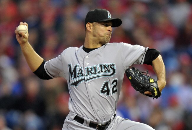 PHILADELPHIA, PA - APRIL 15: Starting pitcher Javier Vazquez #23 of the Florida Marlins delivers a pitch during the game against the Philadelphia Phillies at Citizens Bank Park on April 15, 2011 in Philadelphia, Pennsylvania. (Photo by Drew Hallowell/Getty Images)